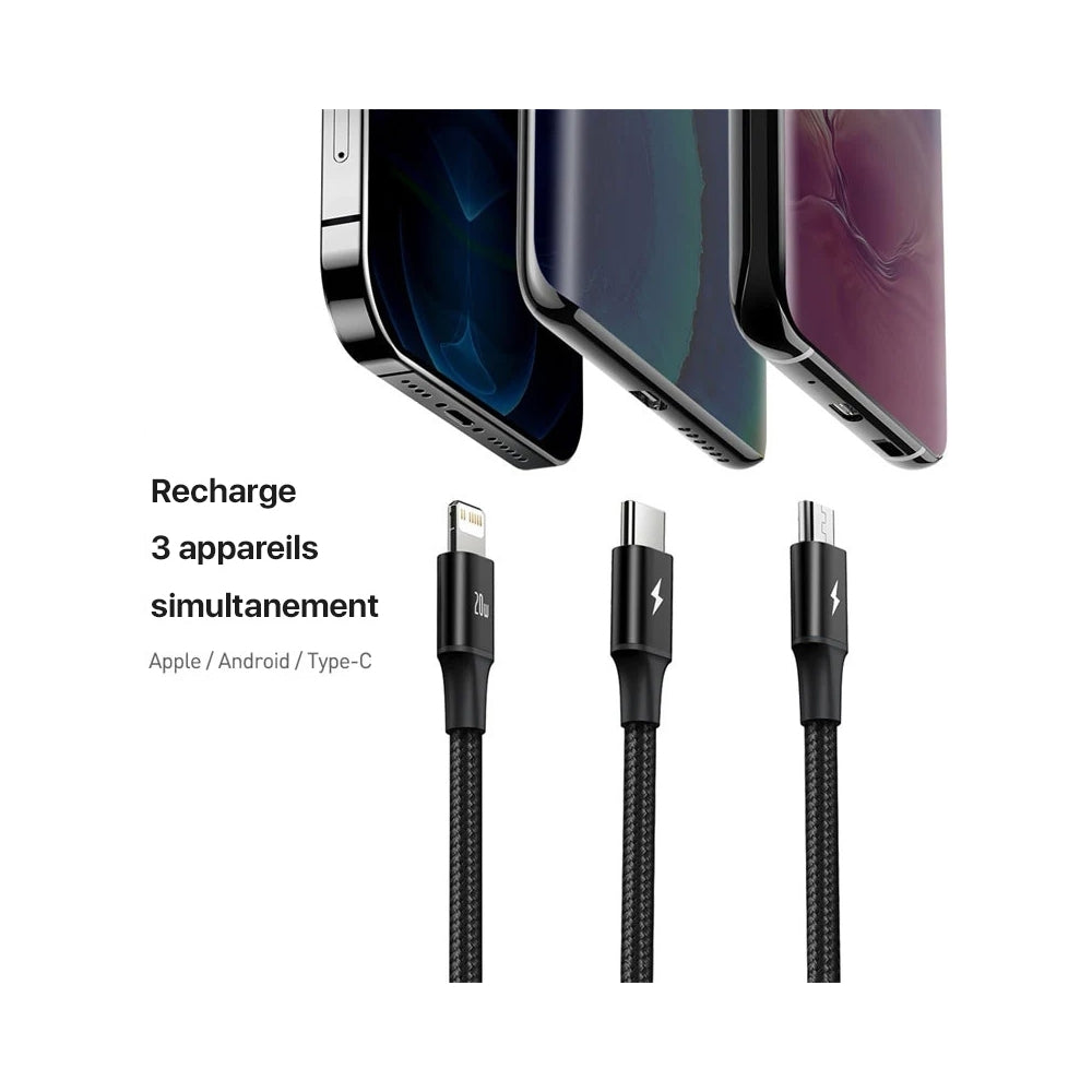 🔥Câble chargeur ULTRA rapide ⚡ 3 en 1 en nylon tressé, sortie APPLE / ANDROID / Type-C : 🎉1 CABLE ACHETÉ = 1 TETE OFFERTE🎁