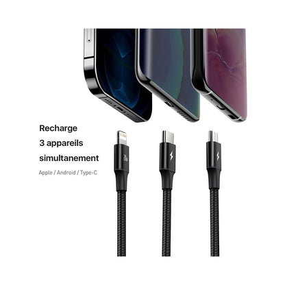 🔥Câble chargeur ULTRA rapide ⚡ 3 en 1 en nylon tressé, sortie APPLE / ANDROID / Type-C : 🎉1 CABLE ACHETÉ = 1 TETE OFFERTE🎁